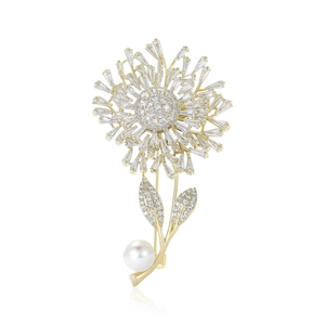 Spilla a Forma di Soffione Elegante in Rame Placcato Oro Con Zirconia e Perla Artificial per Donna Gioielli per Matrimonio e Festa