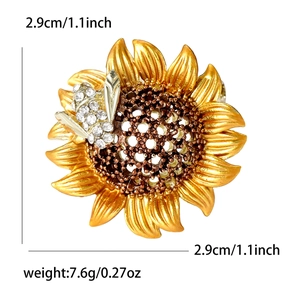 Sunflower and bee enamel brooch with white rhinestones and size dimensions in inches