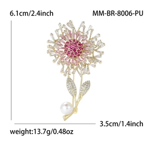 Elegant dandelion brooch with pink cubic zirconia and pearl on a minimalist white background