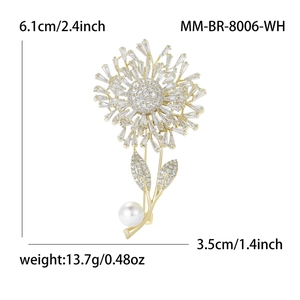 Luxurious dandelion brooch with sparkling cubic zirconia and white pearl in gold finish