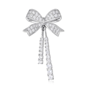 Elegante spilla a fiocco argento con cristalli di zircone e nappine fluenti
