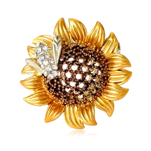Sunflower brooch with golden textured petals and a silver honey bee encrusted with zircons