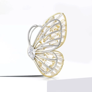 Elegant hollow double-layer butterfly brooch with zircon in gold and silver plating