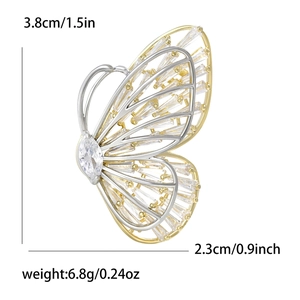 Elegant hollow double-layer butterfly brooch with zircon stones in gold and silver finish