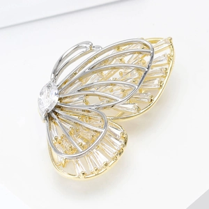 Exquisite hollow double-layer butterfly brooch with sparkling cubic zirconia in gold and silver