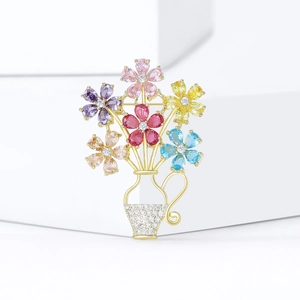 Elegant flower basket brooch with colorful zircon crystals and gold plated hollow frame