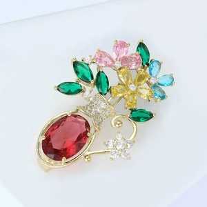 Élégante Broche Fleur de Vase pour Femmes Cuivre Incrusté de Zircone Colorée Strass Bijoux de Mode Accessoire de Robe