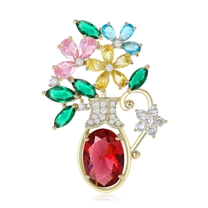 Broche Vase à Fleurs Élégante de Mode pour Femmes Cuivre Multicolore Strass Micro-incrusté Corsage Accessoire de Vêtement Bijoux