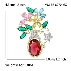 Broche vase élégante avec zircons colorés et base dorée, taille 4,1cm x 3,0cm