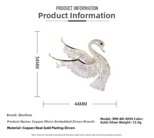 Detailed size specifications for the gold-plated swan brooch with zircon inlay
