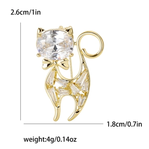 Sparkling kitten brooch with cubic zirconia and dimensions 1 x 0.7 inch on white background