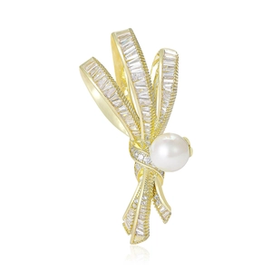 Élégante Broche Nœud Avec Künstliche Perle Et Zirconia Baguette Pour Femmes Luxe Cuivre Plaqué Décoration Pour Costume Manteau Bijoux