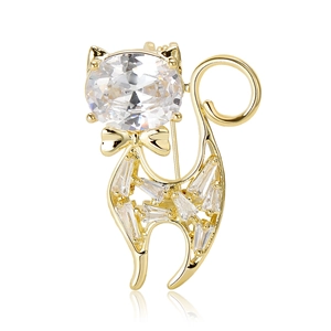 Golden cat brooch with sparkling zircon crystals and a tiny bow tie detail