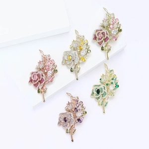 Elegant rose flower brooches with colorful cubic zirconia in gold and silver plating