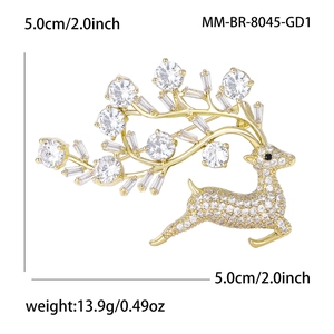 Broche de reno dorado con circonitas blancas y medida de altura de 5 cm incluida
