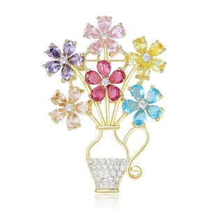 Elegant Copper Colorful Rhinestone Flower Basket Brooch Japanese Korean Style Inlaid Pin For Women Suit Dress Accessories