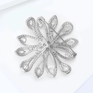 Detailed back view of silver floral brooch showing the pin lock and hollow petals