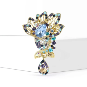Floral gold-plated brooch with Czech crystals and light blue pear-shaped pendant