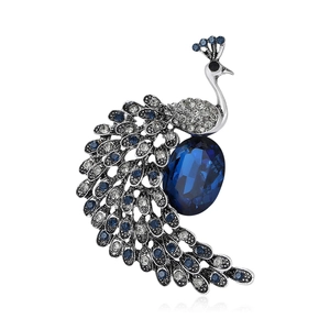 Elegant Peacock Brooch For Women Alloy Rhinestone Deep Blue Crystal Bird Corsage Pin For Wedding Party Banquet Jewelry