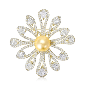Vintage floral copper brooch with micro-set zircon, freshwater pearl, and golden petals