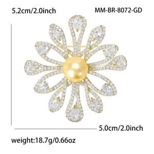 Vintage floral brooch with gold pearl and zircon petals for women elegant blazer pin