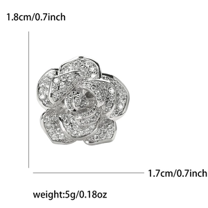 Detailed view of silver rose brooch with cubic zirconia and dimensions 1.8cm x 1.7cm