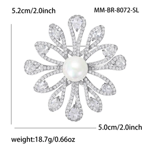 Vintage flower brooch with freshwater pearl and micro-pave crystals on silver base