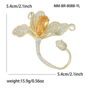 Élégante broche fleur dorée avec cristaux de zircon pour costumes et robes, 5.4cm