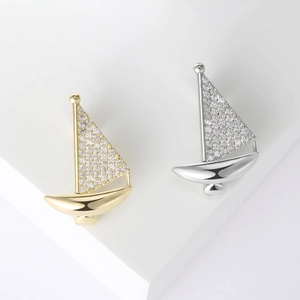Broche de Voilier de Mode pour Femmes Cuivre Poli Miroir Strass Épingle de Revers Décoration de Chemise de Costume Bijoux Cadeau