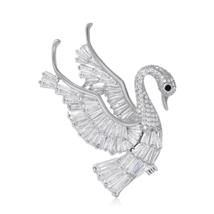 Elegant silver swan brooch with sparkling baguette-cut zircons for luxury coat decoration
