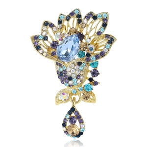 Luxury Alloy Floral Brooch For Women Gold Plated Multi-Color Rhinestone Tulip Flower Breastpin With Dangle Pendant Wedding Jewelry