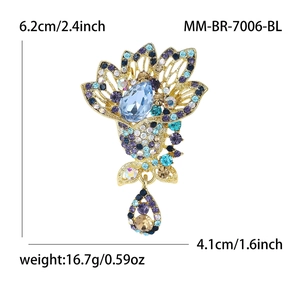 Exquisite gold-plated flower brooch with blue and purple crystals for women coats