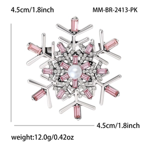 Silver snowflake brooch with pink crystals and pearl accent, size 4.5cm, 12g weight