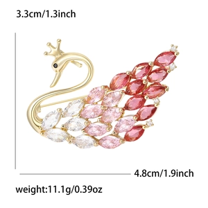 Broche cygne dorée avec zircons colorés micro-sertis, 4,8cm x 3,3cm, poids de 11,1g