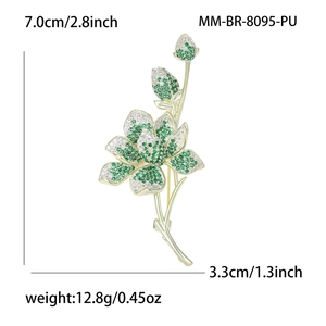 Elegant floral peach blossom brooch with gold alloy and zircons, size 7.0cm x 3.3cm