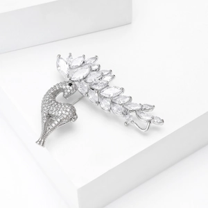 Exquisite peacock brooch with silver-tone metal and micro-pave white zircon crystals