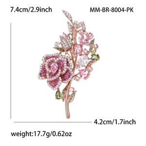 Pink zircon rose flower brooch in rose gold finish for elegant coats and suits