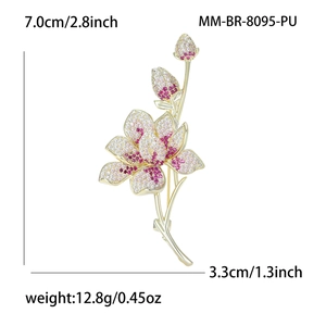 Detail showing dimensions and weight of floral brooch with micro-pave cubic zirconia