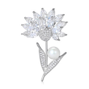 Eleganter Kupfer Blumen Brosche Mit Zirkonia Und Kunstperle Für Damen Mode Mikro-Einstellung Kristall Blumen Reversnadel Schmuck Geschenk