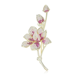 Elegant floral brooch with pink and white cubic zirconia on a gold plated base