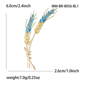 Elegant wheat ear brooch with blue and yellow marquise crystals, sized 6.0cm by 2.6cm