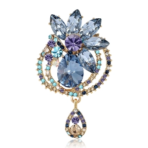 Elegant Blue Crystal Flower Waterdrop Brooch For Women Gold Alloy Rhinestone Inlaid Pin For Wedding Party Suit Dress Accessories