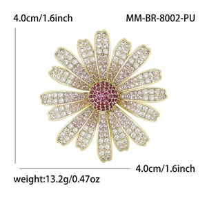 Daisy zircon brooch in gold finish with pink gemstones and size measurements