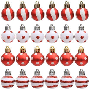 Set of 24 red and white painted 3cm Christmas ball ornaments with glitter details