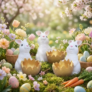 Three-piece set of white resin Easter bunnies with golden eggshell containers in a garden