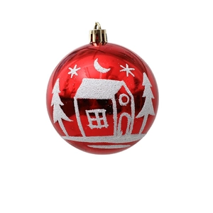 Classic 8cm red Christmas ball with silver glitter snowy cabin and pine tree pattern