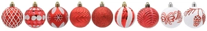 Detail of red and white 6cm Christmas ball ornaments set with mixed glitter patterns