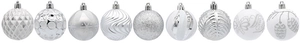 Detailed view of silver and white assorted Christmas ball ornaments with embossed textures
