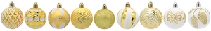 Detail of 9-piece gold and white Christmas balls with glitter and snowflake patterns