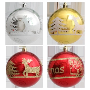 Set de 4 bolas de Navidad 10cm con renos y copos de nieve en plata oro y color rojo